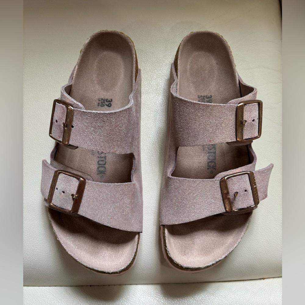 Pink Birkenstock Arizona Sandals Rose Gold Buckles Pink Soles & Footbed Size 39 - Picture 6 of 13